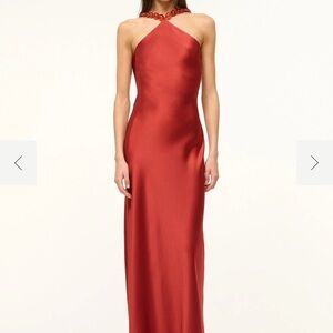 STAUD Cadence Bead-detailed Satin Maxi Dress In Rust